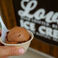 A person is holding a cup of ice cream from Love's Ice Cream truck.
